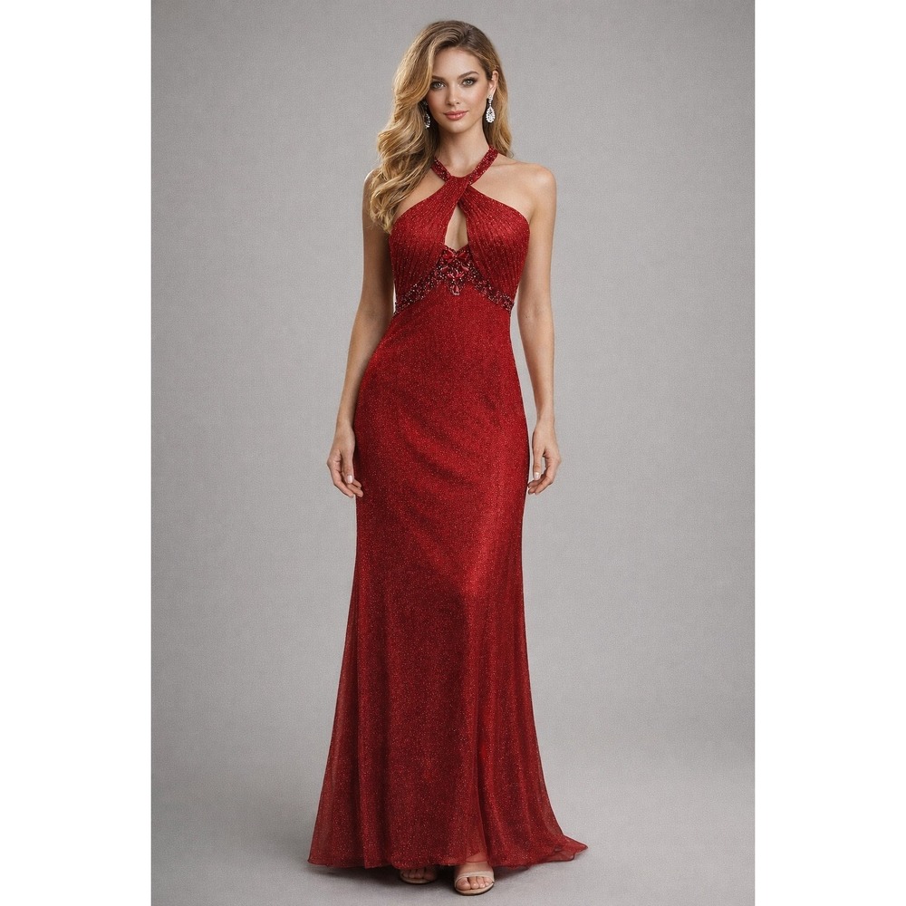 May Queen Couture Red Glitter Beaded Halter Keyhole Evening Gown‎ Dress 10